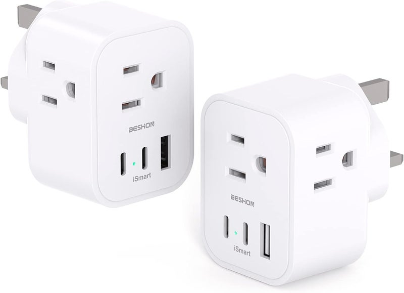 BESHON [2 Pack] US to UK Travel Plug Adapter, Type G Power Adapter with 3 AC and 3 USB(2 USB C), International Plug Adapter, Travel Essentials for USA to England London Scotland British Qatar Irish Hongkong - Image 1